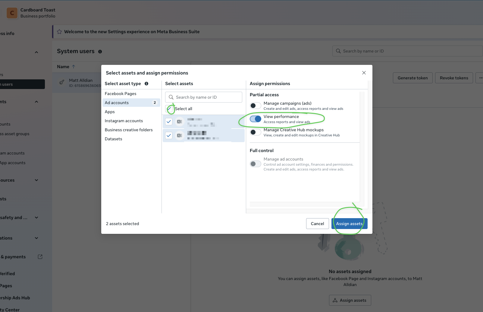 Select assets and permissions